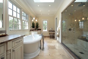 Master bathroom in new construction home with large tub
